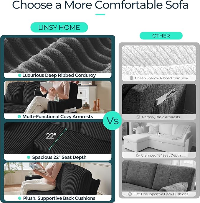 LINSY HOME Sectional Sleeper Sofa with Pull Out Couch Bed - Convertible Plush Corduroy Cloud Couch with Storage Chaise &amp USB Charging Comfy L Shaped Modular Couches for Living Room Apartment Bla