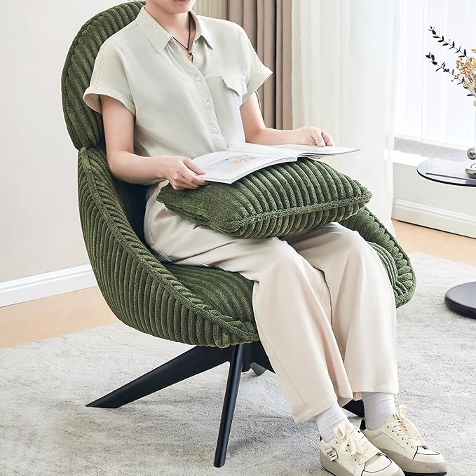 Furniliving Upholstered Swivel Accent Chair for Living Room Modern Armchair Side Chair with Headrest Bedroom Chair with Metal Legs Comfy Sofa Chairs with Pillow Large Corduroy Green