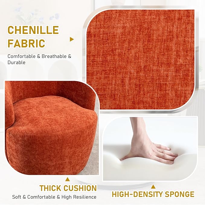 Modern Orange Chenille Swivel Accent Chair 360 Degree Round Bucket Chair Comfortable Arm Chair for Living Room Bedroom Nursery