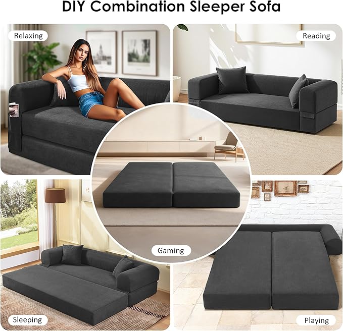 80 Convertible Sofa Bed Corduroy Deep Seat Folding Pull Out Couch with Pillows No Assembly Modern Boneless Couch Compression Sofa in Box Floor Sofa with Storage Pocket for Living RoomDark Grey