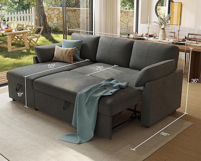 AMERLIFE Sleeper Sofa 2-in-1 Sofa Bed with Storage Chaise Pull Out Sofa Couch for Living Room Guest Room Linen Grey