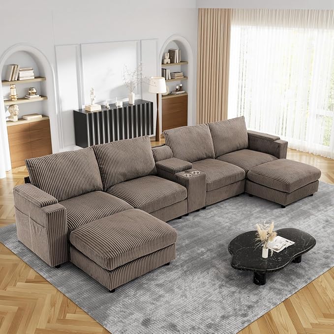 153 Oversized Cloud Couch U Shaped Modular Sectional Sofa L Shaped Sectional Couches for Living Room Comfy Corduroy Cloud Sofa with Ottoman Cup Holder USB Port Armrest Storage Side Pocket Brown