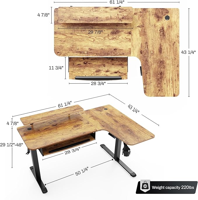 EUREKA ERGONOMIC Standing Desk with Keyboard Tray Computer Desk 61 L Shaped Electric Adjustable Height Desk w Monitor Stand LED Corner Sit Stand Desk Gaming Desk Dual MotorRight/Rustic Brown