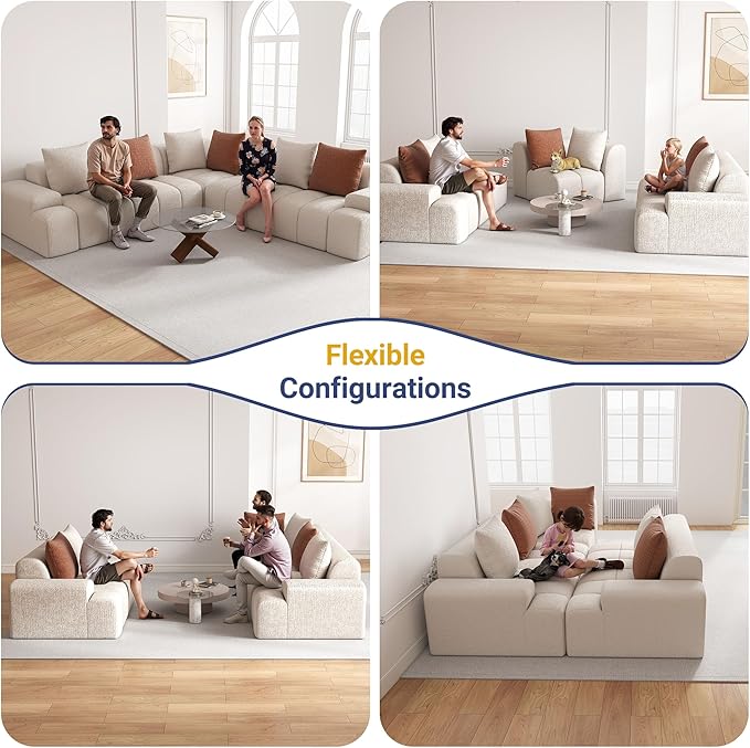109'' L Shaped Modular Sectional Sofa Chenille Couch for Living Room Bedroom with 6 Cushions Convertible Beige