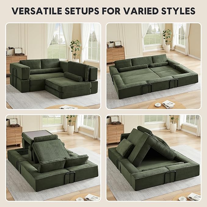 119 Modular Sofa Bed with High Backrest Pillows Corduroy Folding Convertible Floor Sofa Couch Bed with Fixed-Shape Frame Building Block Sofa for Parent-Child Castle Living Room Green