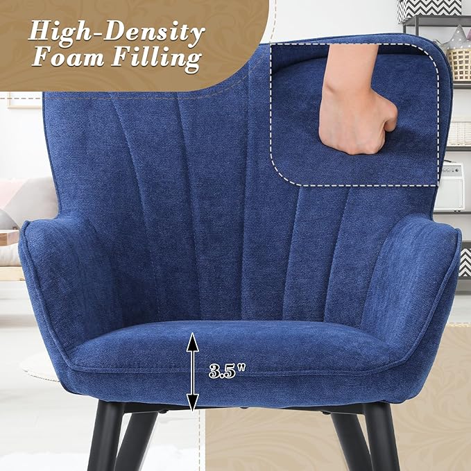 Athena Collection Wingback Accent Chair for Living Room Upholstered Arm Reading Chair for Adults Cozy Linen Fabric Armchair with Metal Legs for Bedroom Makeup Office Blue