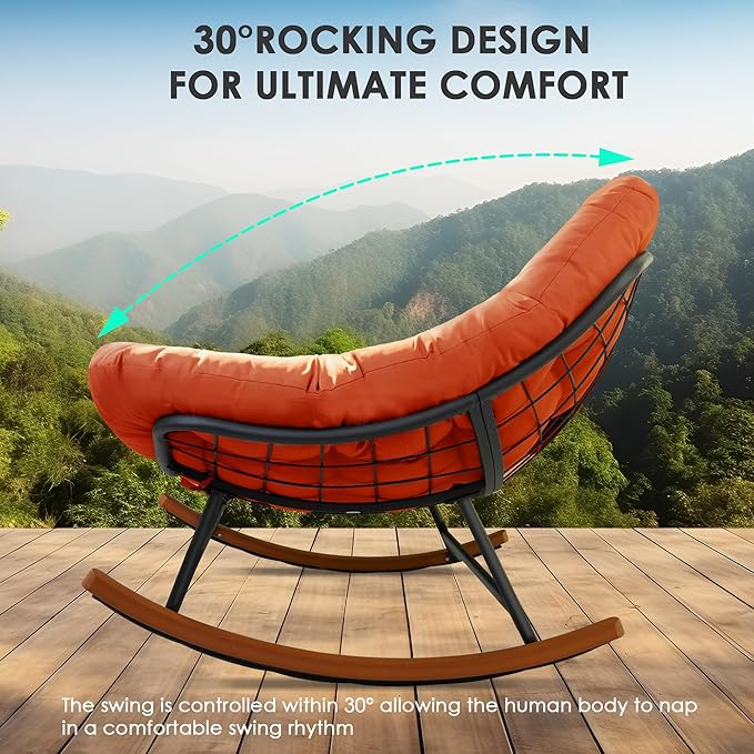 Double Papasan Rocking Chair Outdoor &amp Indoor Oversized Rocking Reclining Loveseat with Thick Cushion and Frame 660LBS Capacity Rocking Egg Chair for Porch Garden Living Room (Red)