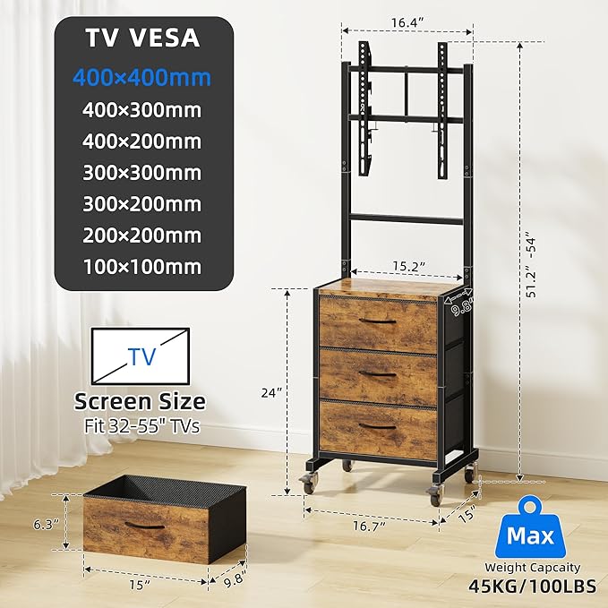 GYIIYUO Rolling TV Stand with 3 Storage Fabric Drawers/Mount/Wheels Small Mobile TV Stand for 32-55 inch TVs Corner TV Cart for BedroomOfficeLiving Room(Rustic Brown)