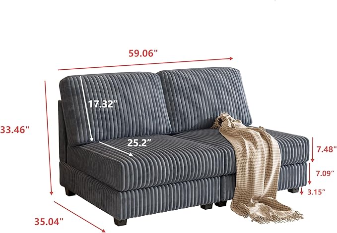 59.06 Modular Sectional Loveseat 2-Piece Deep Seat Corduroy Lounge Sofa Small Loveseat Couch for Living Room Bedroom ApartmentDark Gray