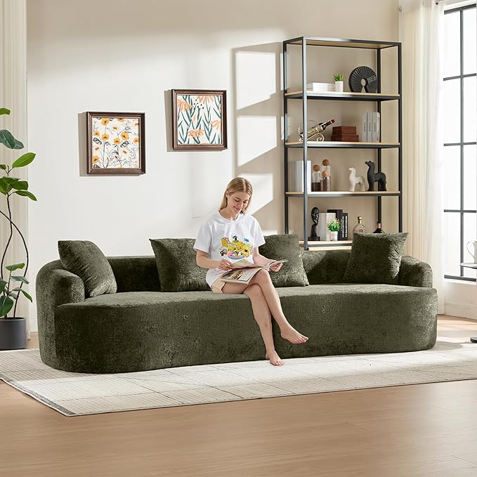 Curved Sectional Couch 110 Chenille Cloud Sofa with 4 Pillows 4-Seater Sleeper Sofa for Living Room Apartment Full Compression Sponge (Olive Green 110 Inch)