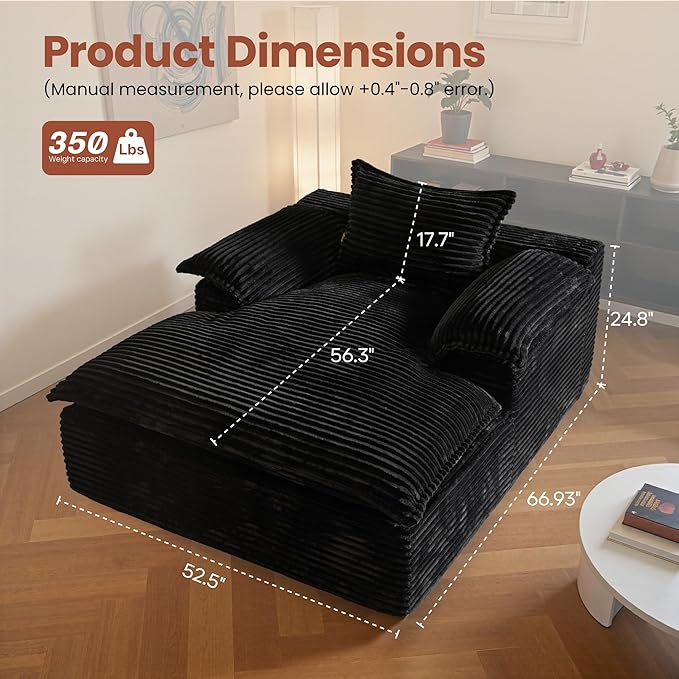 ovios 67 Boneless Lounge Chaise with Cloud Plush Sofa Bed No Assembly Required Fluffy Modern Sleeper Single Chair for Indoor Living Room Bedroom Reading (Black (Plush Corduroy Fabric)) | No Assembl