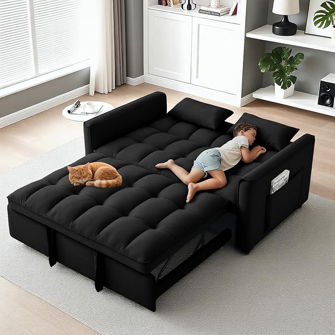 3 in 1 Pull Out Sofa Bed 52.75 Sleeper Sofa Bed with 3-Level Adjustable Backrest Velvet Fabric Loveseat Sleeper Couch for Living Room &amp Bedroom &amp Apartment &amp Dorm Furniture Black