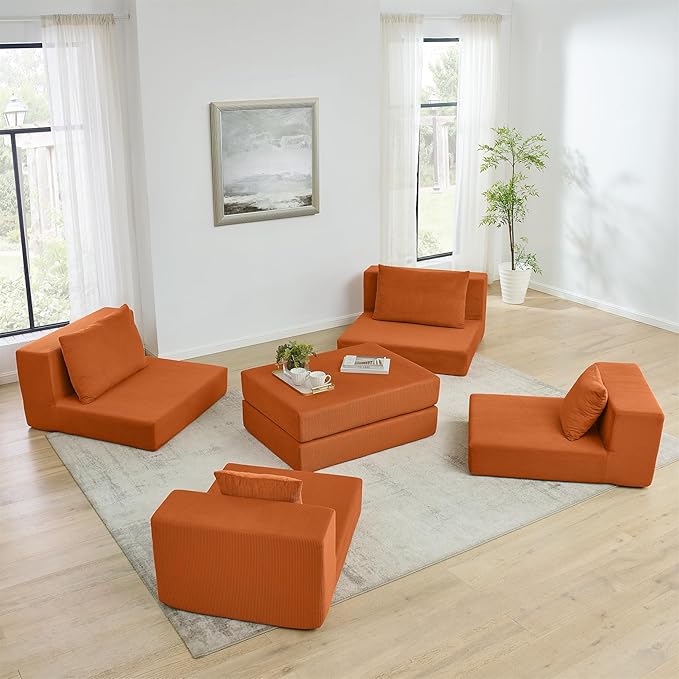 Boneless Couches for Living Room Modern Corduroy Couch Convertible Sleeper Sofa Folding Sofa Bed Mattress Couch for Bedroom Small Spaces - No Assembly Needed in Orange
