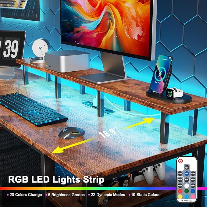 Furologee 61 Computer Desk with Power Outlet &amp LED Lights Reversible Gaming Desk with File Cabinet &amp Monitor Stand for Home Office Writing Study Table with Storage Shelves and Drawer Rusti