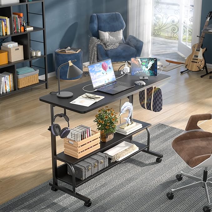 Armocity Rolling Standing Desk with Power Outlets 39 Manual Height Adjustable Mobile Computer Desk with Wheels Small Portable Sit Stand Laptop Couch Table for Bed &amp Sofa Home Office Black