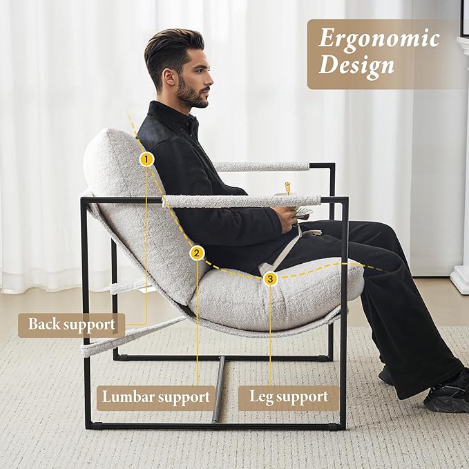 Furniliving Sling Accent Chair with Metal Frame Comfortable Boucle Fabric Arm Chair Upholstered Cozy Reading Chair for Living Room Bedroom Dressing Room Home Office Purewhite