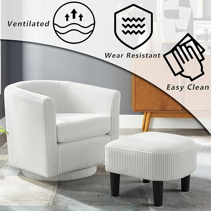 Corduroy Swivel Accent Chair with Ottoman Round Barrel Chair with Armrest Comfy Reading Chair for Living Room Bedroom Office (White)