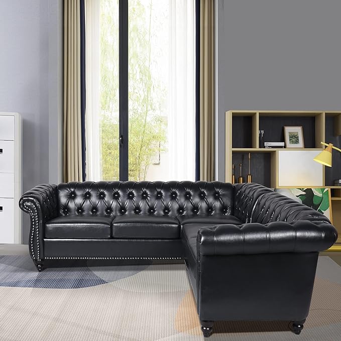 ORRD L Shaped Small Sectional Sofa Chesterfield Leather Couch Tufted Accent Sofa with Scroll Arms and Nailhead for Living Room Office