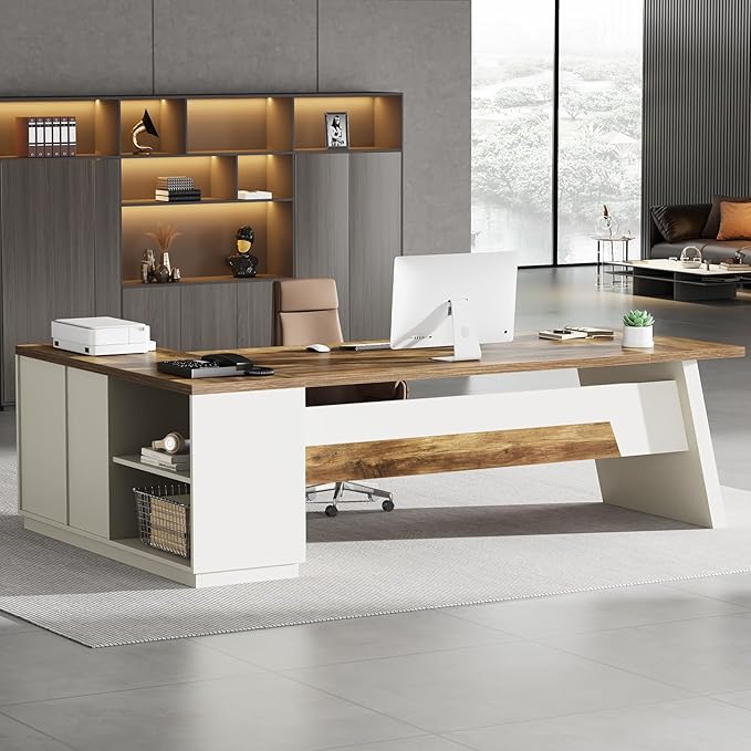 Tribesigns L-Shaped Executive Desk 78-Inch Modern Office Desk with Drawers and Lateral File Cabinet Large Bussiness Furniture with Storage Shelves Workstation for Home Office (Brown + White)