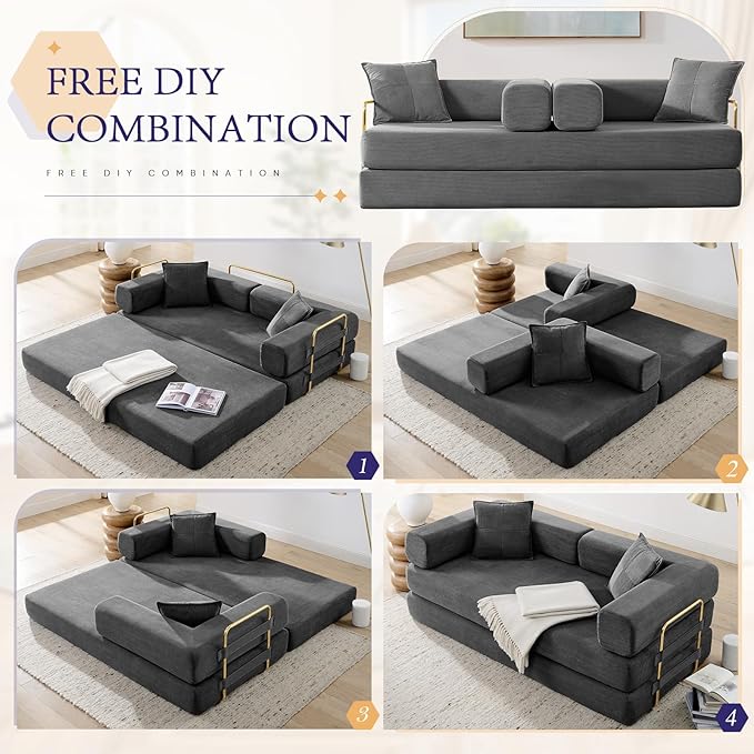 Convertible Folding Sofa Bed Corduroy Sleeper Mattress Couch with Fixed-Shape Frame Free Combination Loveseat Lounge Floor Sofa Queen Size Memory Foam Couch for Living Room Bedroom Dark Grey