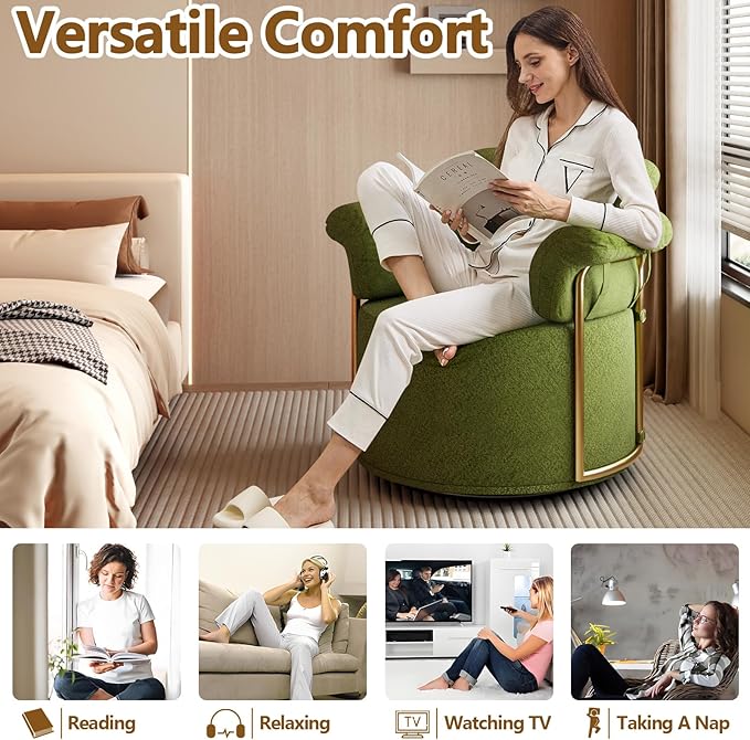 Swivel Accent Chairs for Living Room 360 Swivel Barrel Chair with Arm for Bedroom Upholstered Round Chair &amp Corner Chairs with Gold Frame for Small Spaces Chenille (Green)
