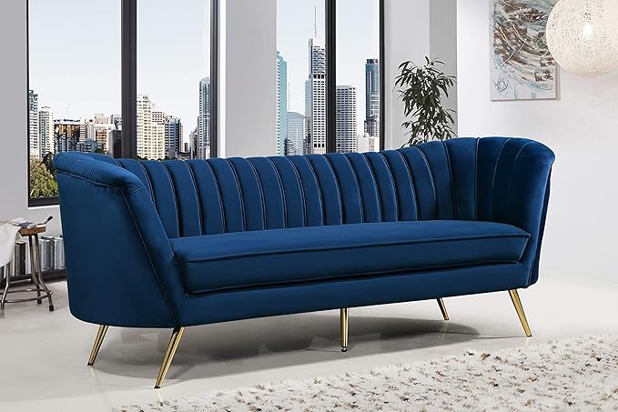 Meridian Furniture Margo Collection Modern | Contemporary Velvet Upholstered Sofa with Deep Channel Tufting and Rich Gold Stainless Steel Legs Navy 88 W x 30 D x 33 H