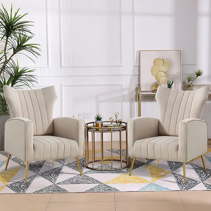 Generic Modern Velvet Accent Chair with Arms Wingback Reading Chair with Gold Metal Legs Comfy Upholstered Single Leisure Sofa for Living Room Bedroom ClubVelvetGrey