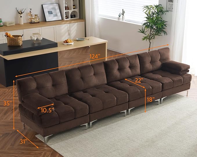 AMERLIFE 124 Inch Modular Sectional Couch 4 Seater Sectional Sofa with Metal Legs Modern Sofa Couch for Living Room Dark Brown