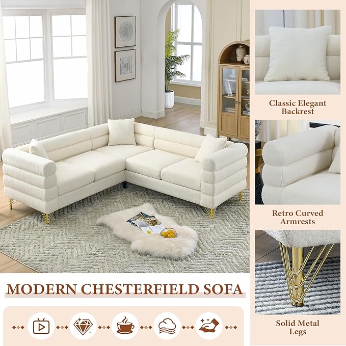 L-Shaped Sectional Couch 81.5 Oversized Corner Sofa Teddy Boucle Comfy Cloud Modern Upholstered Deep Seat Set with Stylish Metal Legs for Living Room Home OfficeApartment White