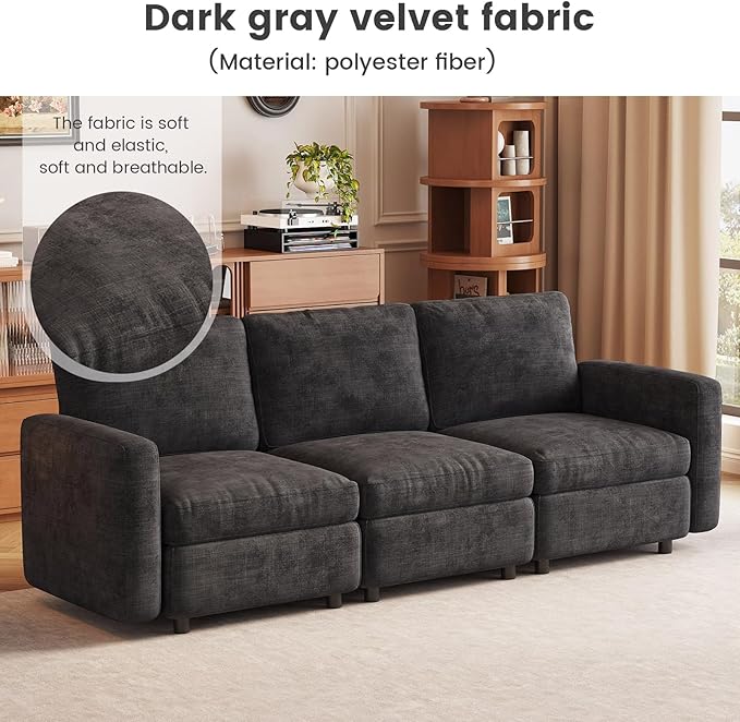 3 Seaters Modular Sectional Sofa 3 Seat Sofa Modern Sectional Couches with Deep Seats for Living Room Upholstered Couch with Soft Backrest 90.15 L Dark Grey (No Ottoman)