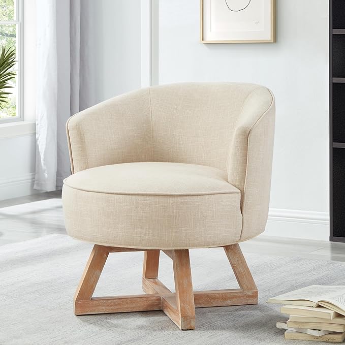 KEIKI Swivel Barrel Chair with Cross-Shaped Wooden BaseLinen Upholstered Lounge Accent Armchair Small Single Sofa Seating for Bedroom Office Living Room Beige