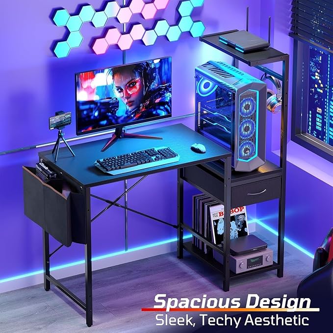 Bestier 44 Inch Gaming Desk for Small Spaces Reversible Computer Desk with Drawers &amp Shelves Modern Gamer Desk Table with Side Bag &amp Headphone Hook for Home Office Black