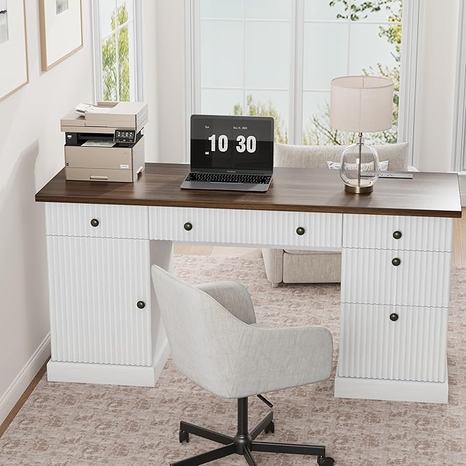 GarveeHome 60 Home Office Desk Fluted Executive Desk with File Drawers Wooden Computer Desk with Charging Station for Study Room