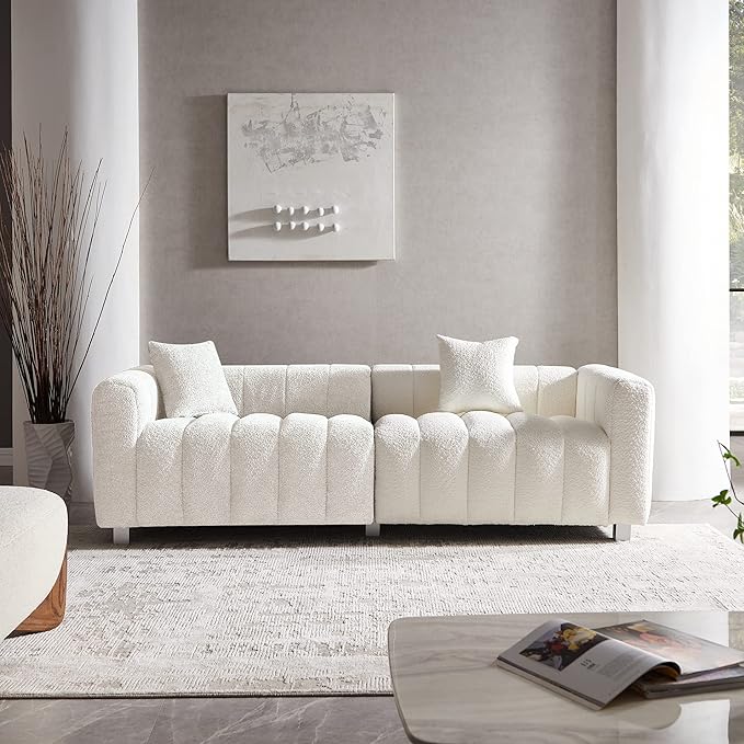 87.4 Modern 3 Seater Boucle Sofa Couch for Living Room Mid Century Fluffy Couches with Solid Wood Frame and 6 Legs for Bedroom Apartment Weight Capacity 750 LBS (White)