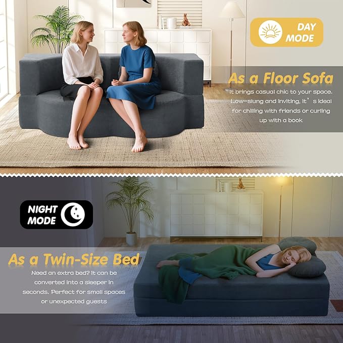 Folding Futon Sofa Bed Modern Convertible Fold Out Chenille Cloud Memory Foam Boneless Floor Lounge Loveseat Sleeper Mattress Sofa Couch with 2 Pillows for Guest Room Living Room Office Grey