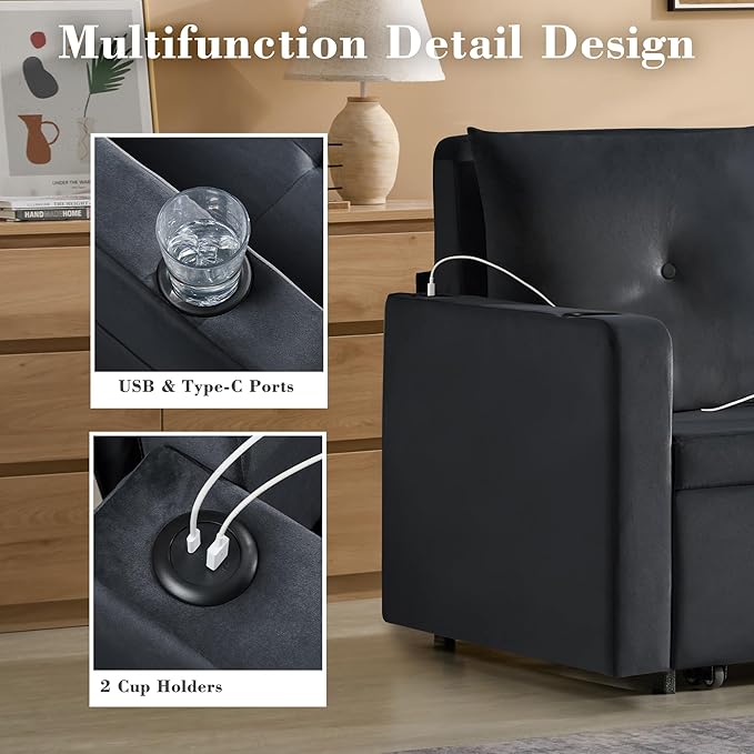 3 in 1 Pull Out Couch 56 Inch Velvet Sofa Bed Convertible Loveseat Sleeper Sofa for Living Room Small Space Upholstered Couch Bed with USB Cup Holder(Black)