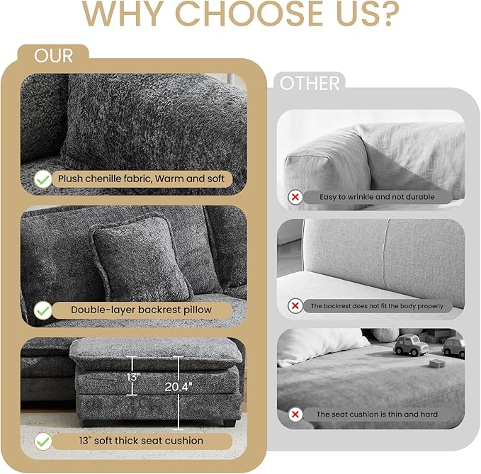 147.8 U Shaped Modular Sectional Sofa Comfy Cloud Couch with Movable Ottoman Deep Seat Modular Sofa Sectional Couches for Living Room Bedroom Apartment (Grey)