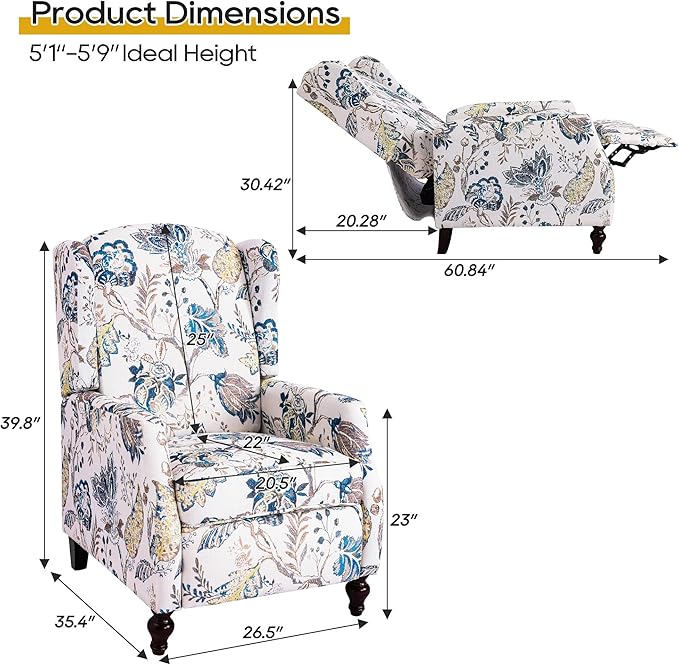 Mid Century Modern Wingback Recliner Chair for Adults Push Back Upholstered Accent Chair with Floral Fabric Manual Reclining Armchair for Living Room Bedroom Reading Corner (Blue Botanical)