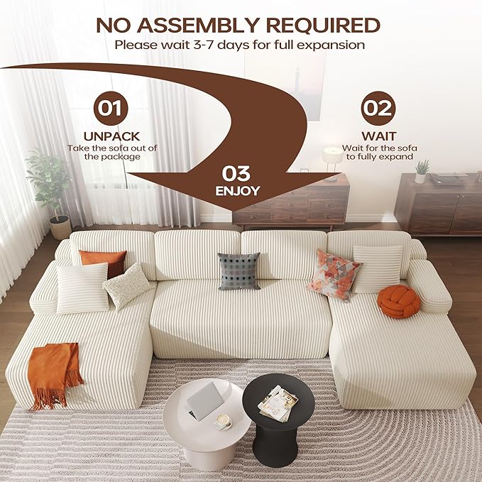 DURASPACE 126.2'' U Shaped Modular Sofa with Chaise Cloud Boneless Comfort Sectional Sofa Couch Modern Corduroy Deep Seat Couch Convertible 4-Seater for Living Room(Beige)