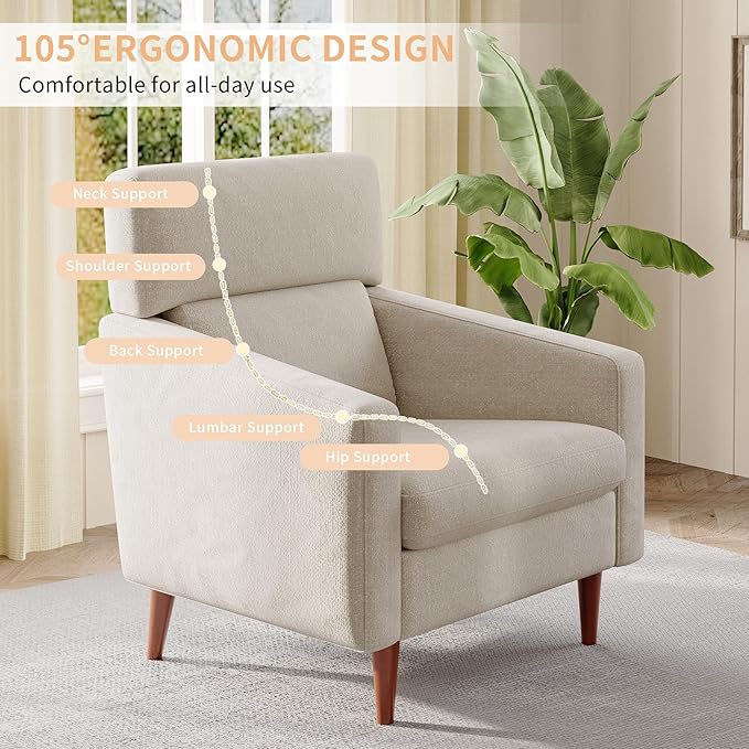 EJUNQ Mid-Century Accent ChairFabric Modern Reading Living Room Chairs Upholstered Armchair with Wood LegsCozy Reading Chair for Living RoomBedroom（Beige