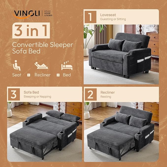 VINGLI Dark Gray Futon Sofa Bed Convertible Loveseat Sleeper Sofa Couch Corduroy Pullout Sofa Fold Out Couch Bed with USB Ports Cup Holders Armrest for Living Room Bedroom Apartment Room | Loveses