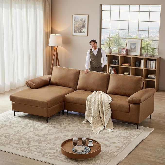 100.8 Sectional Sofa Faux Leather Couch with Reversible Chaise Mid-Century L Shaped Sofa Couch for Living RoomApartment Office (Light Brown Sofa with Chaise)