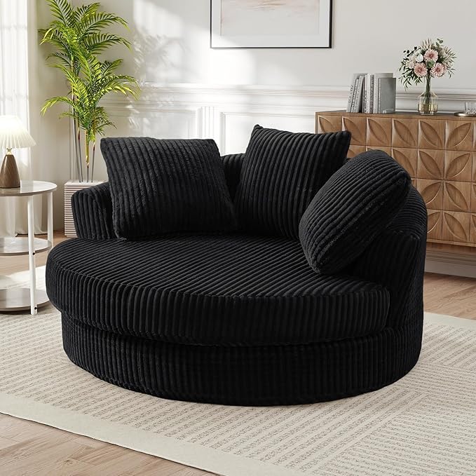 61W Oversized Round Chaise Lounge Chair Indoor Upholstered Corduroy Large Circle Boneless Chair with Deep Seat No Assembly Required Modern Comfy Cloud Sofa Chairs for Living Room Bedroom(Black)