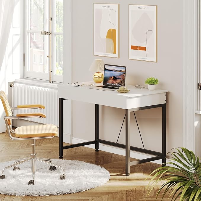Mexin Small White Desk with 2 Wooden Drawers 40 Inch Home Office Writing Desk White Vanity Desk with Storage Computer Desk for Bedroom Small Spaces Table for Office Work Kids Study Makeup