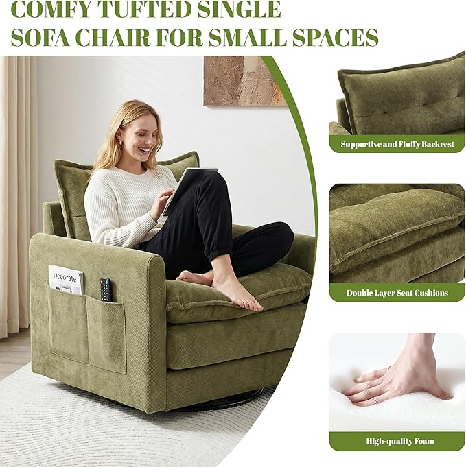 Square Swivel Chairs Set of 2Plush Chenille Upholstered Accent Club Chair with Arms360°Rotation Armchair for ReadingModern Single Cloud Sofa Chair for Living Room (2 Olive Green)
