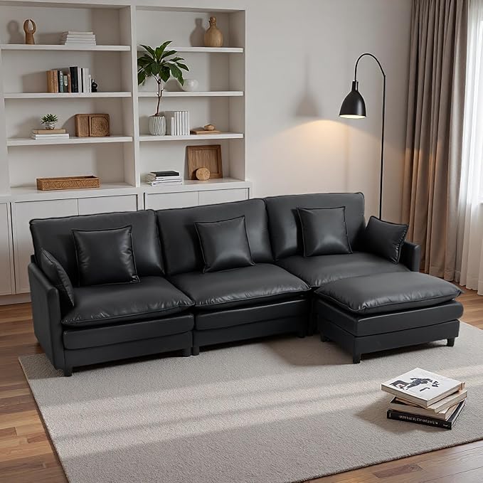L Shaped Cloud Sofa 4-Seater Modular Couch with Double Layer Upholstered Seat Cushion PU Sleeper Sofa with Ottoman &amp Pillows Comfort Couches for Living Room Bedrooms &amp Apartments Black