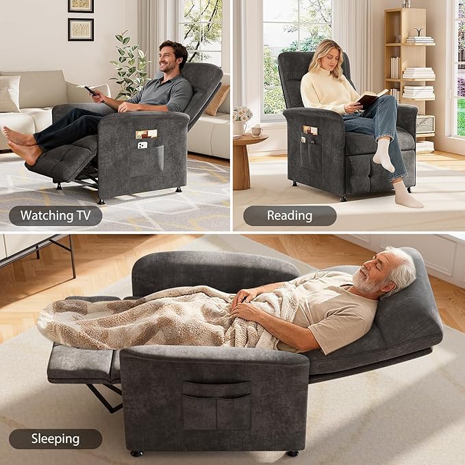 Power Recliner Chair for Adults with Heat &amp Massage - Soft Fabric Electric Reclining Sofa with Remote Control 3 Side Pockets 180° Lay Sleeper for Living Room Home Theater Dark Grey