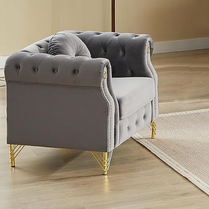 ERYE 37-Inch Chesterfield Button Tufted Single Sofa with Round Pillow Single Seat Velvet Tufted Sofa W/Nailhead DecorRing Accent &amp Golden Legs