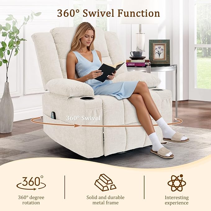 360° Swivel Rocker Recliner for Adults Nursery Glider Recliner with Massage and Heating Rocking Chair with Cup Holder Manual Recliner Chair for Living Room Bedroom (Fabric Beige)