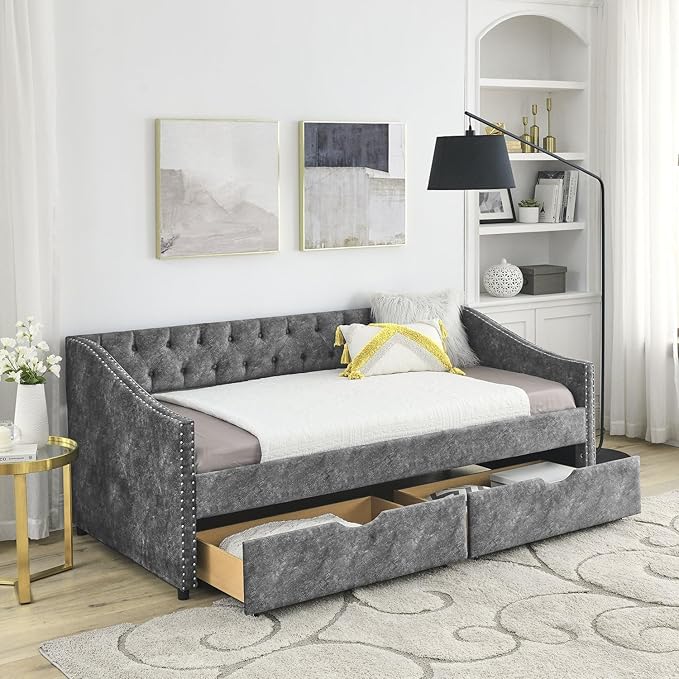 Twin Size Upholstered Daybed with Drawers Tufted Sofa Bed with Waved Arms Grey Polyester Mid-Century Design 500lbs Capacity